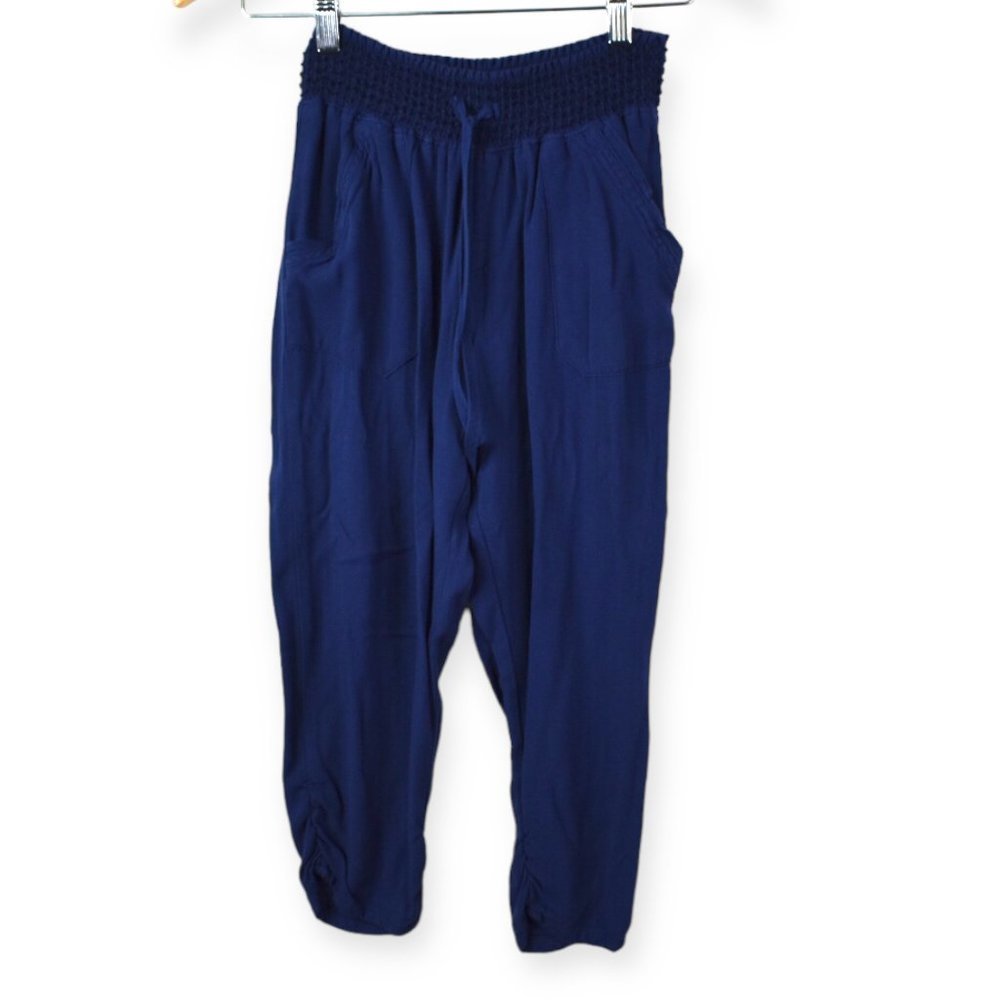 Hannah Pants M Womens Navy Blue Rayon Jogger Drawstring Elastic Wasitband